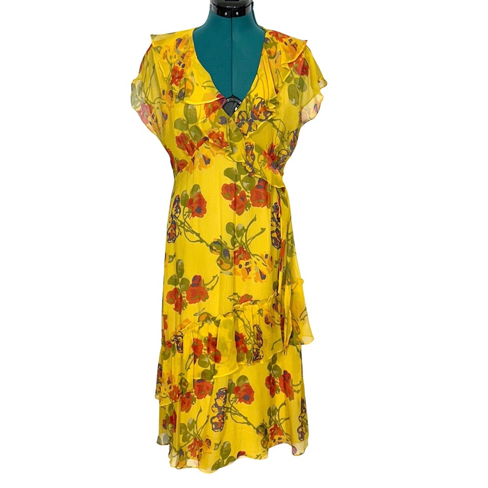 Sundance Silk Floral Midi Dress Ruffle Faux Wrap 10 Yellow Boho Romantic Wedding
